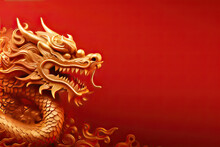 Chinese New Year Red Background With 3d Glowing Gold Dragon With Large Copyspace Area