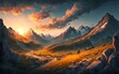 3D rendering of a serene mountain landscape bathed in the warm hues of a sunset