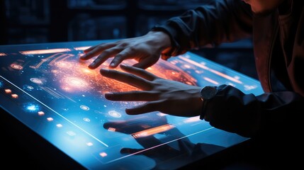 Poster - Hands touching the screen of a futuristic computer.