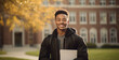 © MalamboBot/Peopleimages - AI - Happy, man or student portrait smiling wearing a backpack, at university, college or school. Confident, African American, and motivated youth male for studies, learning and higher education