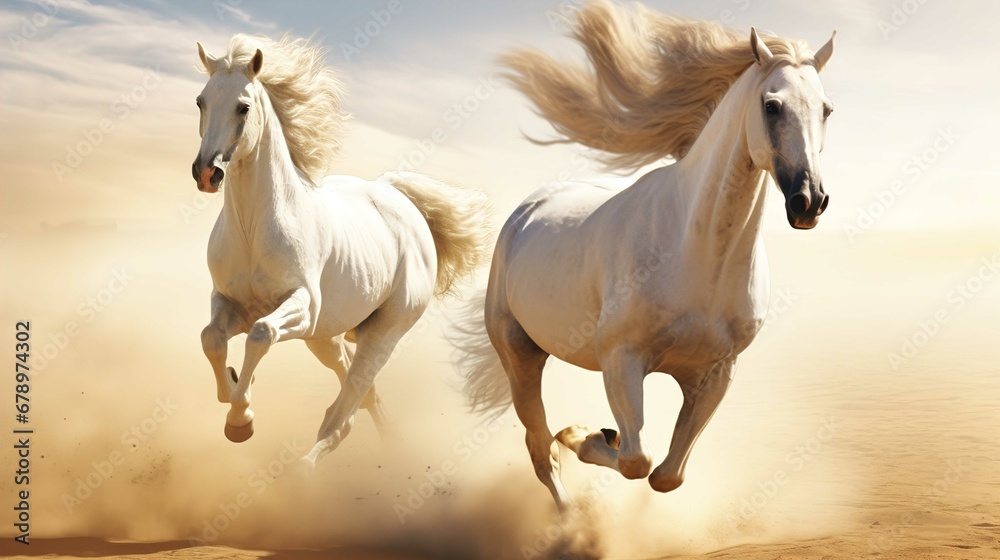 The image shows two white horses galloping together with intense energy ...