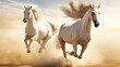 The image shows two white horses galloping together with intense energy. They are in mid-stride, with their hooves lifted off the ground, suggesting a sense of motion and freedom. The horses' manes an