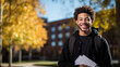 © MalamboBot/Peopleimages - AI - Happy, man or student portrait smiling wearing a backpack, at university, college or school. Confident, African American, and motivated youth male for studies, learning and higher education