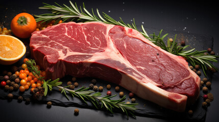 Canvas Print - Dry aged raw tomahawk beef steak with ingredients on a black stone background. Top view.