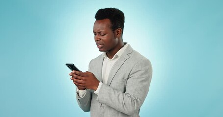 Poster - angry, black man and phone text with spam, phishing and digital fail and professional frustrated in 