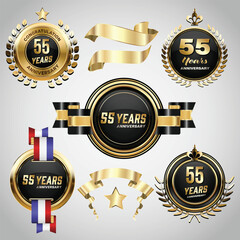 Wall Mural - 55 years anniversary logo with golden ribbon. Set of Vintage Anniversary Badges Celebration