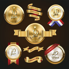 Wall Mural - 10 years anniversary logo with golden ribbon. Set of Vintage Anniversary Badges Celebration