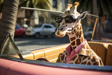 An Exotic Twist On Transportation As A Tall And Stylish Giraffe Dons Sunglasses For A Fun Ride. It's A Playful Take On Wildlife And Adventure Is AI Generative.