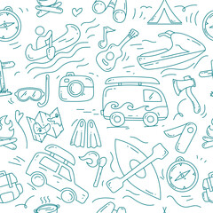 Adventure seamless pattern design. Seamless pattern with doodle adventure elements.