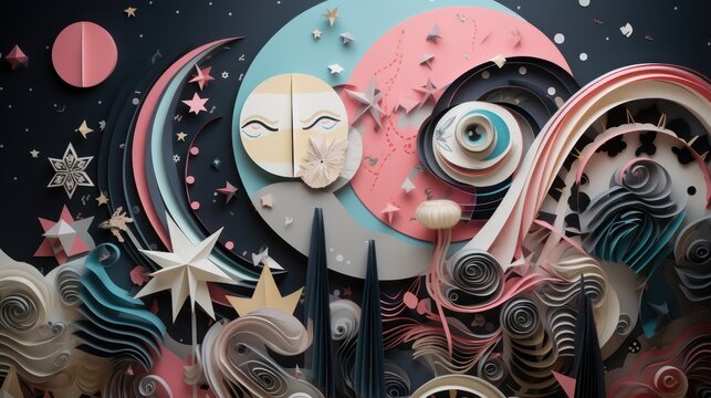A Graphic paper of a fun party celebration background design. New Year greeting card with moon Gift box on pastel background. intricate textures, cut and paste, layered creativity, artistic intricacy