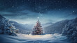幻想的な夜の雪原とクリスマスツリーの3Dイラスト