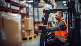 Fototapeta  - A Portrait of a professional industrial worker driving a forklift, a team of quality control staff storing goods, shelving, Warehouse Workshop for factory workers, quality control engineers.