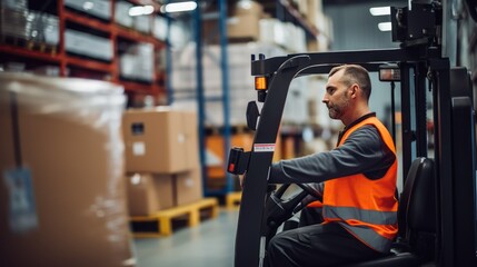 Wall Mural - A Portrait of a professional industrial worker driving a forklift, a team of quality control staff storing goods, shelving, Warehouse Workshop for factory workers, quality control engineers.