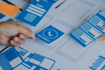 ux Graphic designer creative sketch planning application process development prototype wireframe for web mobile phone . User experience concept.