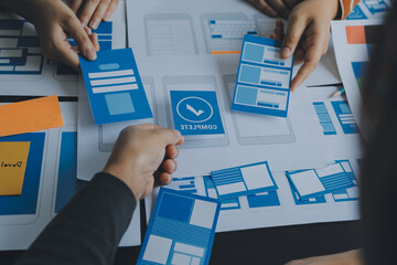 ux Graphic designer creative sketch planning application process development prototype wireframe for web mobile phone . User experience concept.