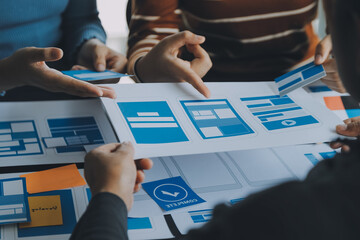 ux Graphic designer creative sketch planning application process development prototype wireframe for web mobile phone . User experience concept.