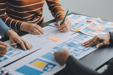 ux Graphic designer creative sketch planning application process development prototype wireframe for web mobile phone . User experience concept.