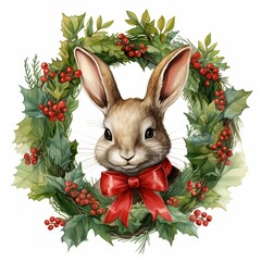 Wall Mural - Holly Hat Rabbit in Wreath Garland Illustration