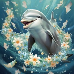 Wall Mural - Joyful Dolphin in Seashell Garland Illustration