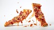 © HM Design - Two tempting hot pizzas descending from above, front view, set against a clean white background.
