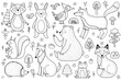 Cute forest animals black and white collection. Woodland characters set in outline for kids and baby design. Great for coloring book, prints. Vector illustration