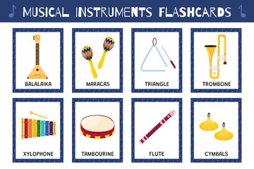 Sticker - Musical instruments flashcards collection. Flash cards collection for school and preschool. Learning material for kids. Vector illustration