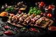 Tasty kebab with ingredients and splashes on black background 