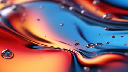 The close up of a glossy liquid surface abstract in red, yellow, and blue colors with a soft focus. 3D illustration of exuberant. generative AI