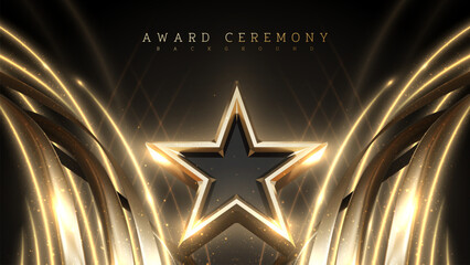 Wall Mural - Award ceremony background with 3d gold star and ribbon element and glitter light effect decoration.