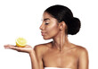 Lemon fruit, beauty and skincare of black woman with healthy nutrition, diet and organic. Young person, natural citrus cosmetics and food, vegan wellness and vitamin c on a transparent png background