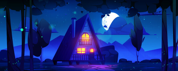 Cartoon summer night landscape with wooden house