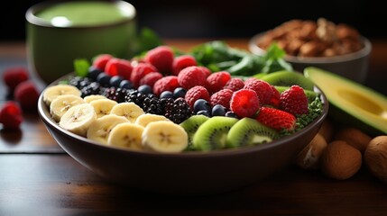 Wall Mural - A close up of a bowl of smoothie with fruit on a table