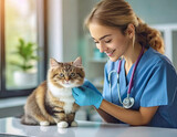 Fototapeta  - female veterinarian examining a cute cat 