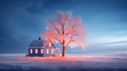Wall Mural - Countryside snowy field with small house and tree in pink light