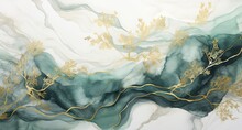 Green And Gold Leaves Watercolor With Mountainous Vistas On A White Background.