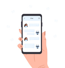 Wall Mural - chatbot concept. woman chatting with robot on smartphone screen. ai business assistant. online custo