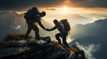 Two Man Working As A Team Climbing Up To Top Of Mountain. Team Work Concept.