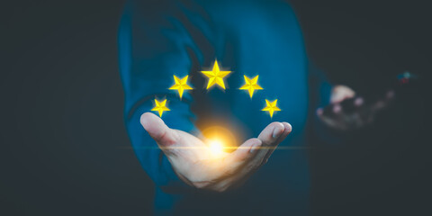 Poster - Male hand show the star to complete five stars with copy space. Customer satisfaction survey, testimonial feedback review, service experience rating online application.