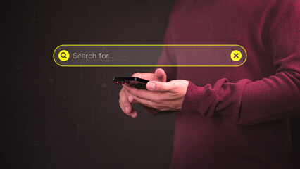 Poster - User using a smartphone clicking internet search bar. SEO technology networking engine optimization internet with search bar. Searching browsing internet data information concept.