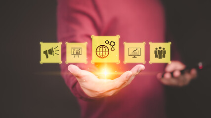 Poster - Customer hand show the sign icon of digital marketing internet advertising and sales increase business technology concept, online marketing, E-business, E-commerce, business online.