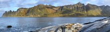 beautiful panorama with peak mountains  devil's teeth and sea  in Senja island in Norway