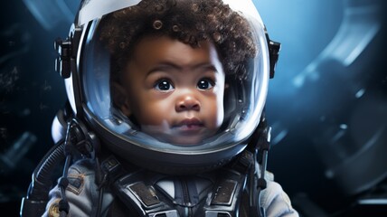 Wall Mural - Portrait of a astronaut child with the spacesuit and helmet in the spaceship background.