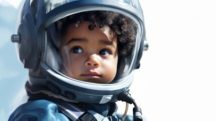 Wall Mural - Portrait of a astronaut child with the spacesuit and helmet in the spaceship background.