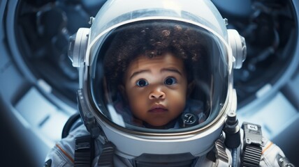 Wall Mural - Portrait of a astronaut child with the spacesuit and helmet in the spaceship background.