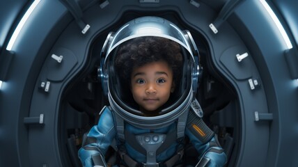 portrait of a astronaut child with the spacesuit and helmet in the spaceship background.