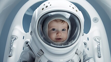 Wall Mural - Portrait of a astronaut child with the spacesuit and helmet in the spaceship background.