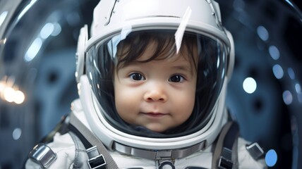 Wall Mural - Portrait of a astronaut child with the spacesuit and helmet in the spaceship background.