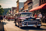 Fototapeta  - Vintage Elegance: Classic Car Parade Through a Charming Small Town