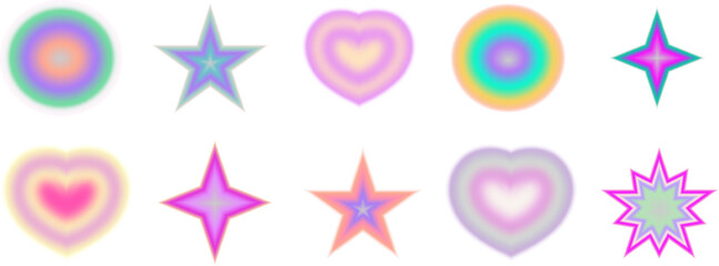 Wall Mural - Gradient Y2K blur element set. Abstract aesthetic y2k shape blur heart, star and circle. Gradient vector illustration