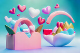 Shopping Basket with Hearts on diffrent background. Valentine's Day, Mother's, Woman's Day shopping, 3D illustration